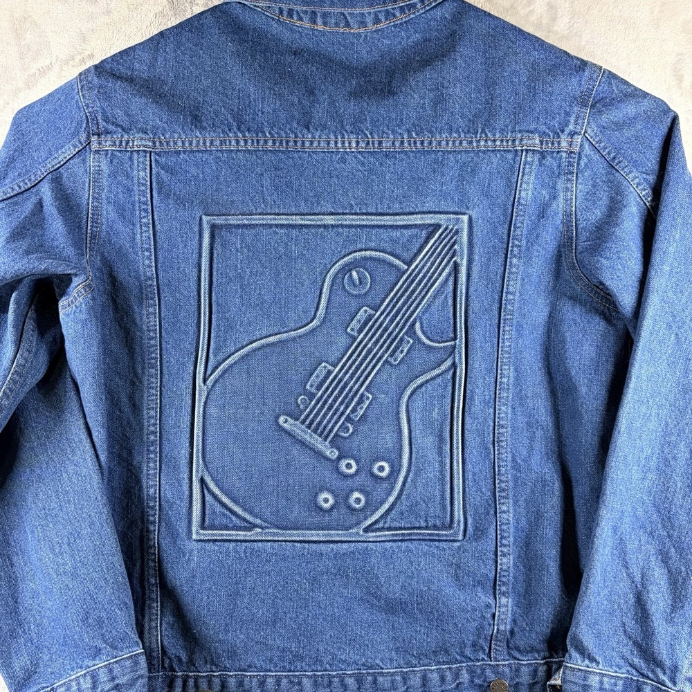 Vintage Guitar Embossed Denim Trucker Jacket USA Made Cotton Large TYCA